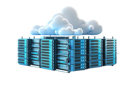 Conceptual illustration of cloud computing technology with server racks and cloud symbolizing data storage and management.