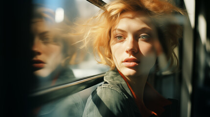 Fototapeta premium Reflective Redhead on a Bus