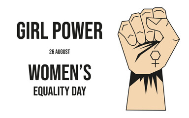 Women's Equality Day concept in trendy Geometric Brutalism style. Feminism Girl Power design with Geometrical woman hand clenched Fist isolated white background. Brutal vector for web banner poster 