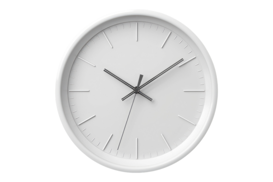 Simple white wall clock isolated on transparent background