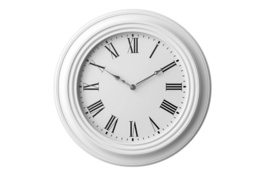 Simple white wall clock isolated on transparent background - Powered by Adobe
