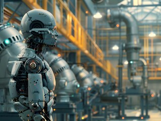 Fototapeta premium Illustration of Applying AI and ML algorithms to analyze data and optimize industrial processes, improve quality control, and enhance production efficiency. Ai Generate.