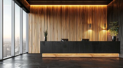 Elegant modern reception area with wooden panel walls and floor-to-ceiling windows, showcasing sophisticated interior design. Concept of business, professionalism, and contemporary architecture.
