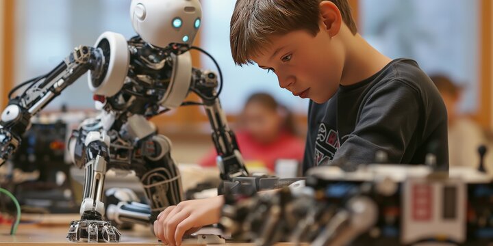 In an educational setting, a child is closely engaging with a small robot, demonstrating hands-on learning, STEM education, and the practical application of robotics in early education.