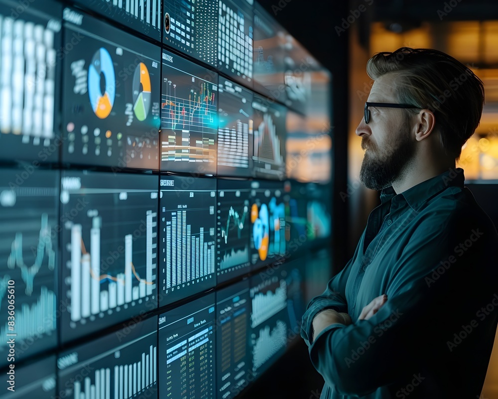 Aufkleber focused business analyst reviewing data insights on a large digital display