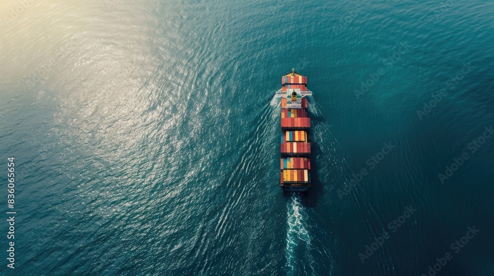 Poster aerial view of a container ship navigating through open waters, carrying hundreds of shipping contai