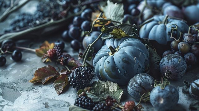blue vegetables and fruits lie on the table, neutral background,