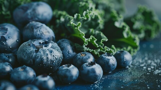 blue vegetables and fruits lie on the table, neutral background