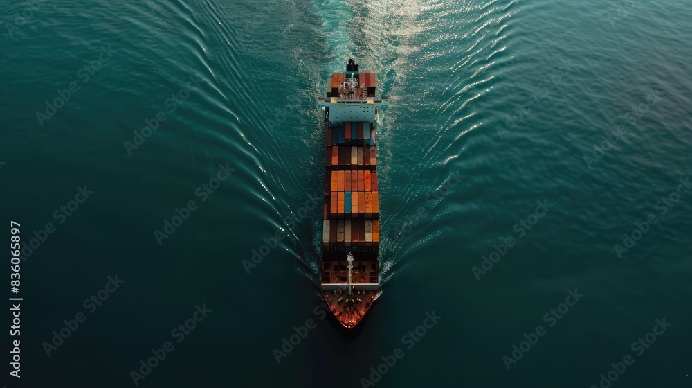Poster aerial view of a container ship navigating through open waters, carrying hundreds of shipping contai