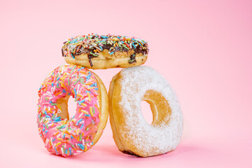 Various delicious donuts with different sprinkled decorations