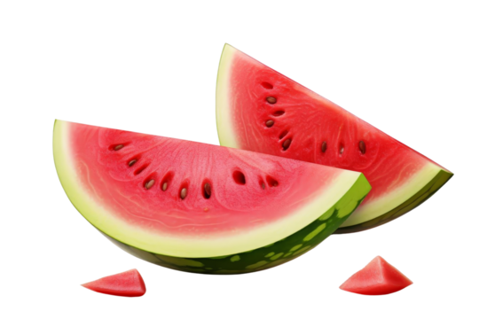 Freshly cut watermelon slices isolated on transparent background. highlighting the vibrant red flesh and green rind. Perfect for summer themes.