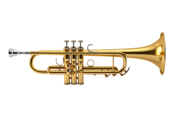 High-quality stock photo of a golden trumpet isolated on a transparent background. showing intricate details and craftsmanship of the musical instrument.