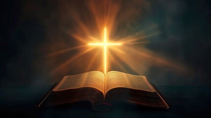open Holy Bible with christian cross with sun rays and smoke, background for overlay