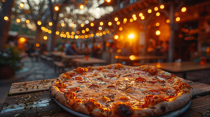 Close-up shot freshly baked pizza on wooden table at crowded outdoor cafe. Cozy and inviting atmosphere - Powered by Adobe