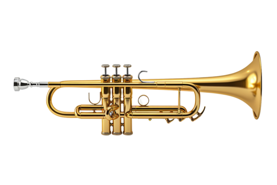 High-quality stock photo of a golden trumpet isolated on a transparent background. showing intricate details and craftsmanship of the musical instrument.