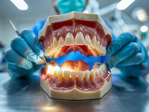 Dentist performing a dental examination on a realistic jaw model, demonstrating dental care techniques in a clinical setting.