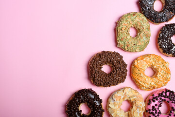 Various delicious donuts with different sprinkled decorations