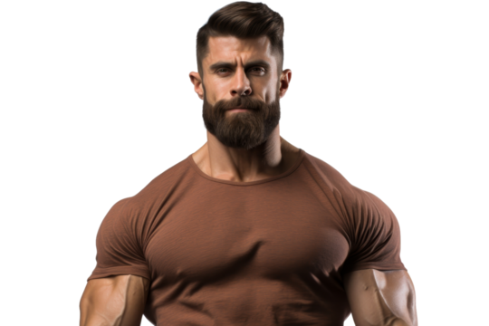 Muscular man with a beard wearing a brown t-shirt, showcasing bodybuilding and fitness. Isolated on a transparent background.