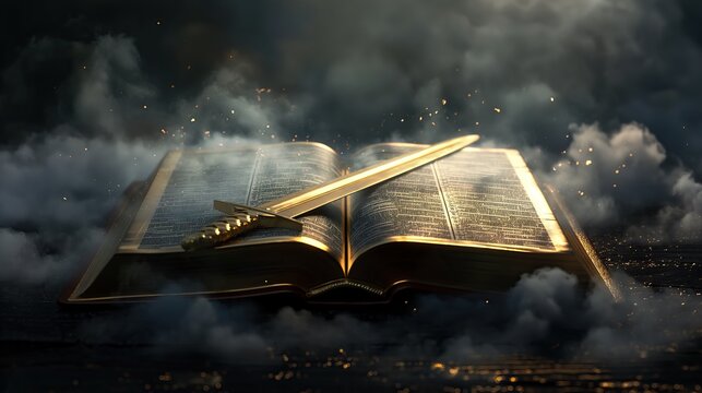 open Holy Bible book with spirit sword on top with epic clouds and smoke. concept of God protection, on dark background for overlay