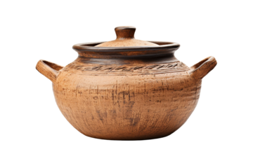Rustic handmade clay pot with lid, perfect for traditional cooking and kitchen decor. Earthy texture and natural finish for vintage style.