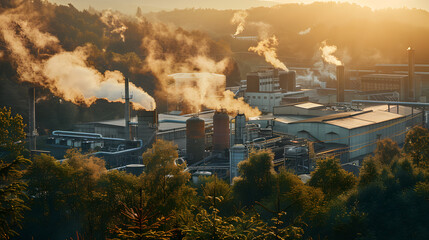 A food processing plant, with a dense forest as the background, during golden hour