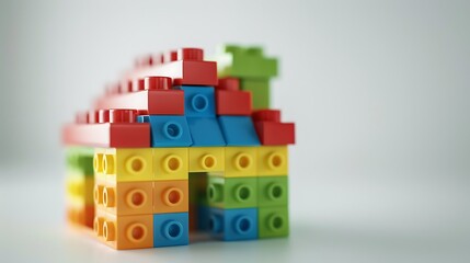 A set of colorful plastic building blocks with interlocking features, forming a small house on a white background.