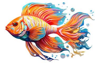 Fototapeta premium Vibrant orange fish illustration with intricate details, showcasing flowing fins and dynamic water splashes in an artistic style.