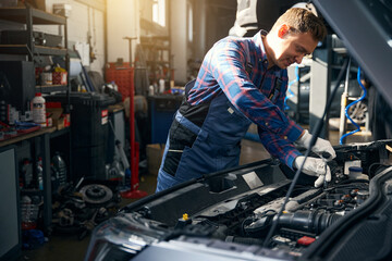 Male repairing motor in car service center