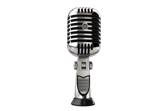 Vintage microphone isolated on transparent background. Retro design, perfect for music, recording studios, podcasts, and broadcasting projects.