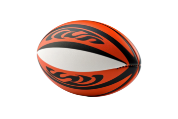 Vivid red and black rugby ball with dynamic tribal design, isolated on transparent background. ideal for sports and teamwork concepts.