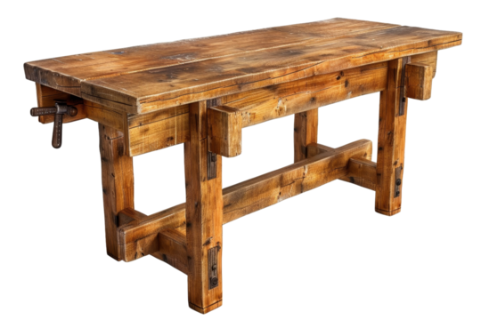 Vintage wooden workbench on a transparent background. ideal for carpentry, DIY, and industrial themes. Perfect for rustic and vintage settings.