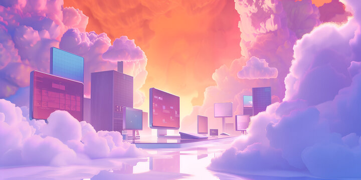 Digital Cloud Environment with Monitors, Virtual Cloud Storage and Computing Visualization, 3d rendering, abstract pink blue neon background with glowing cloud and cube box geometric shape