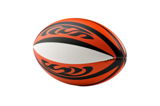 Vivid red and black rugby ball with dynamic tribal design, isolated on transparent background. ideal for sports and teamwork concepts.