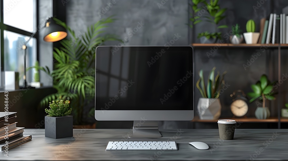 Poster organized and productive professional workspace with sleek computer setup and modern decor