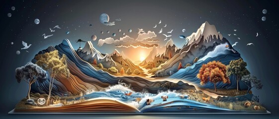 A book with a mountain range and a sunset in the background