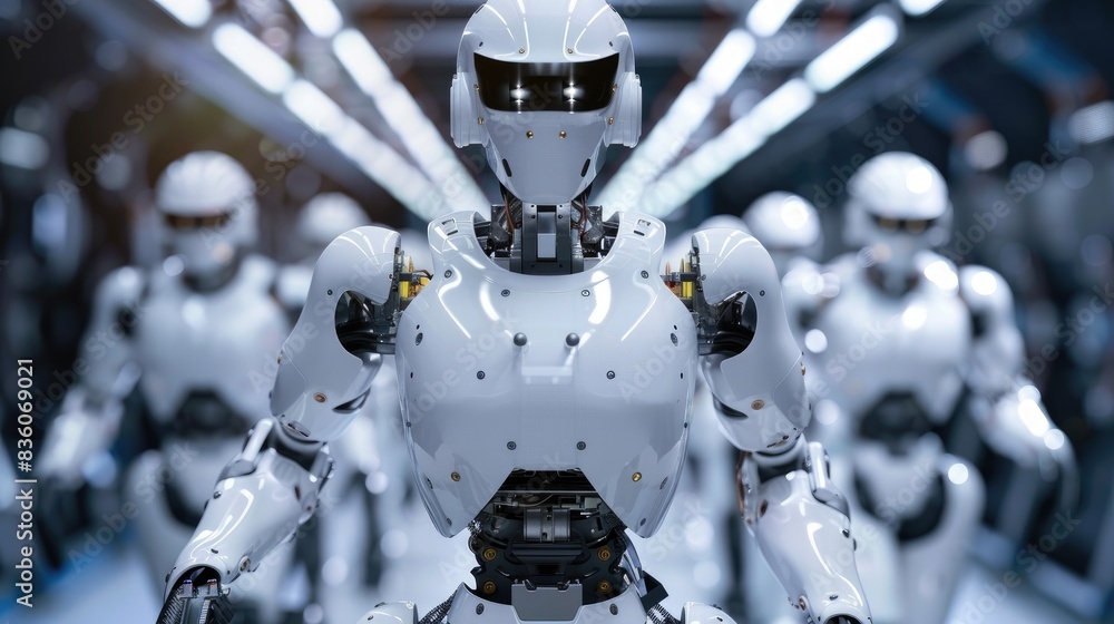Poster industrial robots working on an assembly line, showcasing automation and efficiency in a modern fact