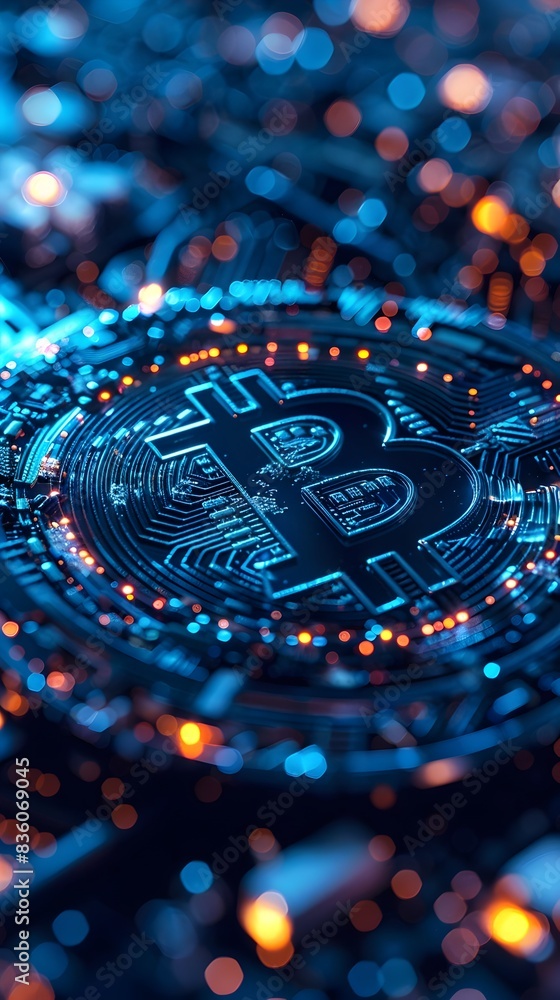 Poster shimmering digital currency concept with blockchain and cryptocurrency symbols