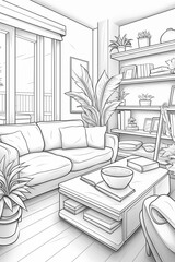 Illustration of a living room with many details, black and white color palette, one line art style. Generative AI tools