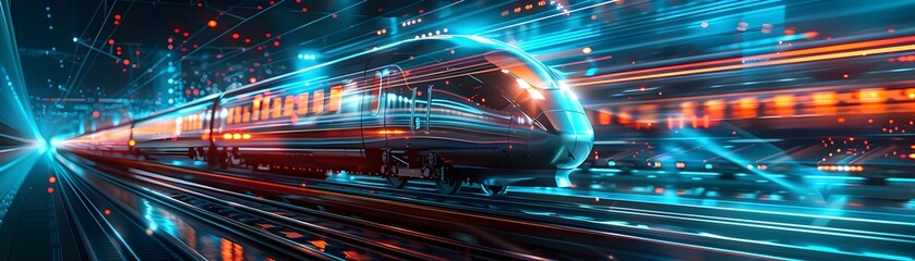 Fototapeta premium Futuristic High Speed Transportation Network with Automated Vehicles and Trains in Luminous City Landscape
