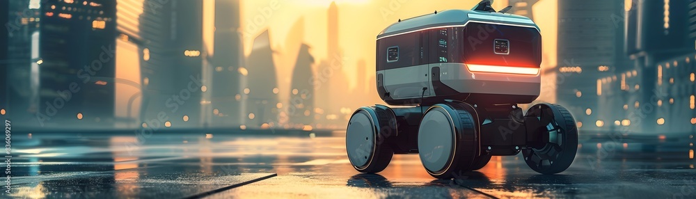 Poster autonomous delivery robots navigating through a futuristic smart city concept with innovative techno