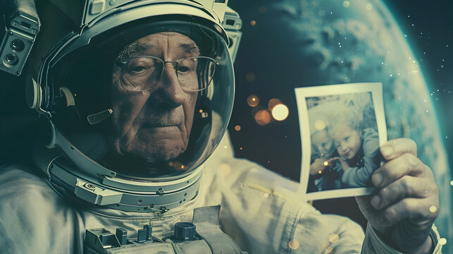 Aged Astronaut Holding Cherished Family Photograph in Space Capsule