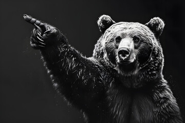 Animated dancing bear pointing at the camera with one paw sketch engraving generative ai image. Scratch board imitation in black and white.