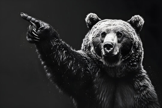 Animated dancing bear pointing at the camera with one paw sketch engraving generative ai image. Scratch board imitation in black and white.
