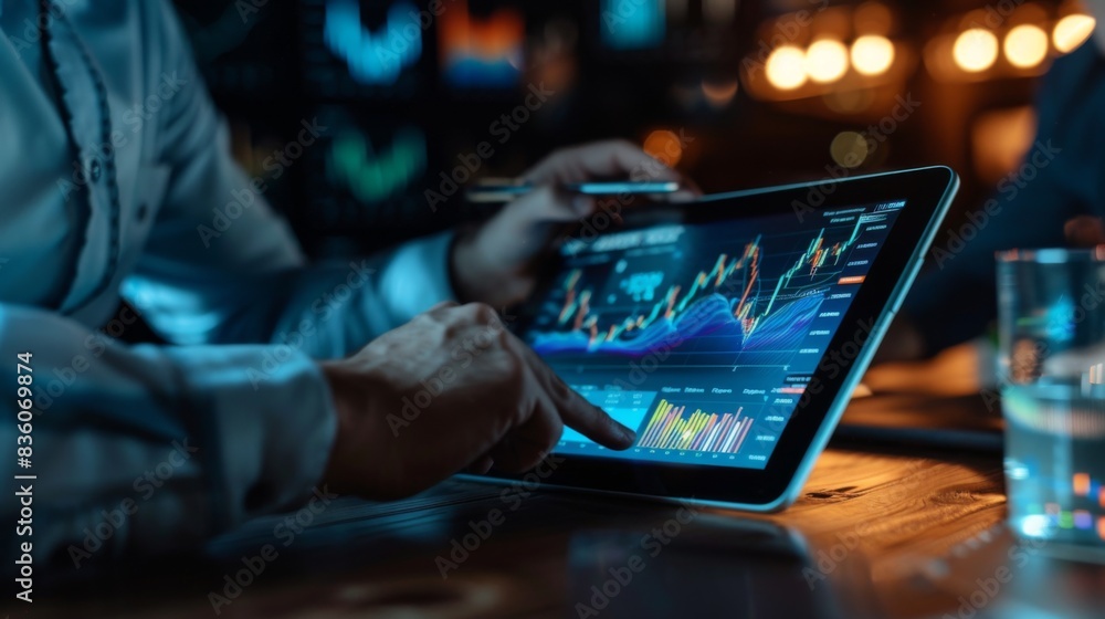 Poster A financial planner explaining stock market trends and investment options to clients, using a tablet to display interactive graphs and charts.