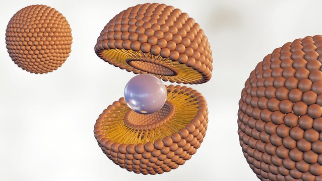 3d rendering of compromised liposome releasing its contents. Magnified image of a liposome, showing leakage of its encapsulated material.