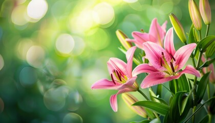 Fototapeta premium Summer Serenity: The Beauty of Pink Lilies Amongst a Blurred Green Backdrop