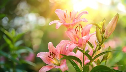 Fototapeta premium Pink Lilies Blooming in the Summer Garden: A Stunning View of Nature's Beauty