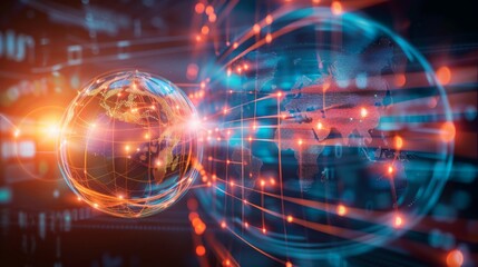 Obraz premium Digital globe with glowing orange and blue lines, representing data, global technology and future communication.