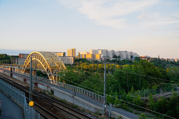 Obraz premium High angle view of a railway bridge in city