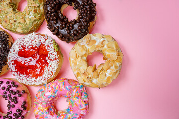Various delicious donuts with different sprinkled decorations